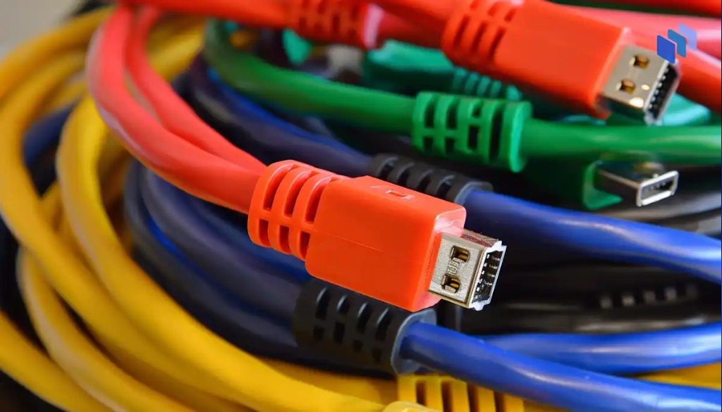 Olika typer av Ethernet-kablar i olika färger, inklusive Cat5, Cat6 och Cat7, staplade tillsammans i en hög.