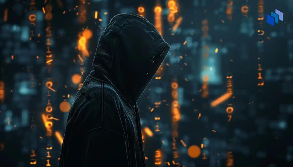 En siluett av en person i hoodie mot en digital bakgrund med flytande orange kod som symboliserar cybersäkerhet och kryptovalutor.